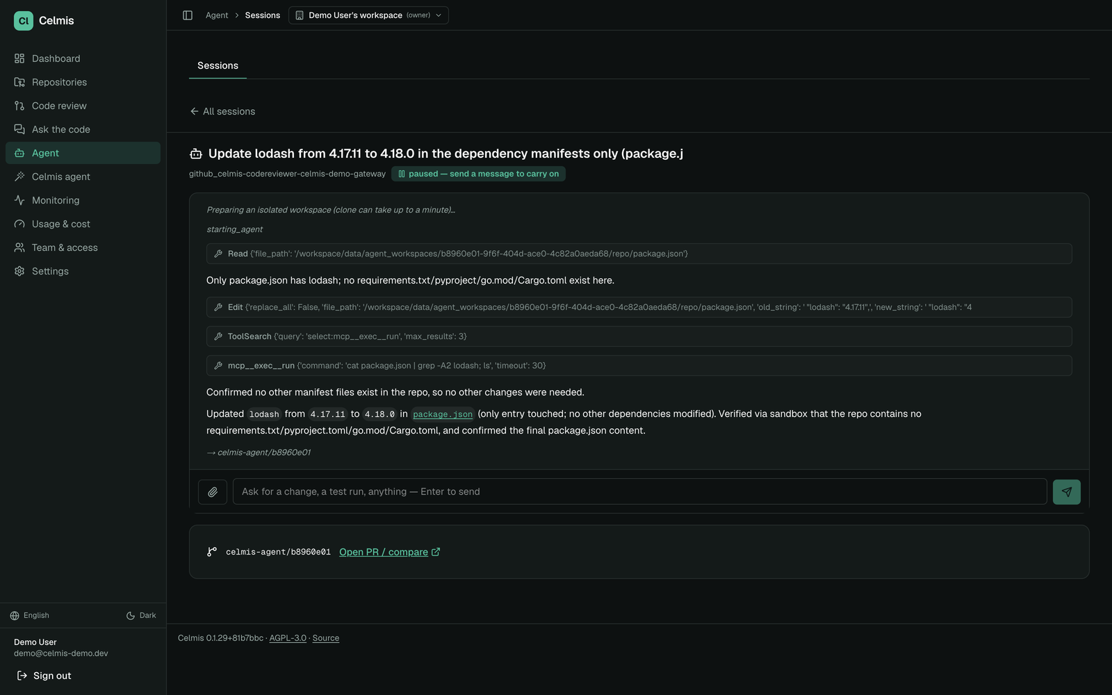 The finished session, with its branch and a link to the pull request