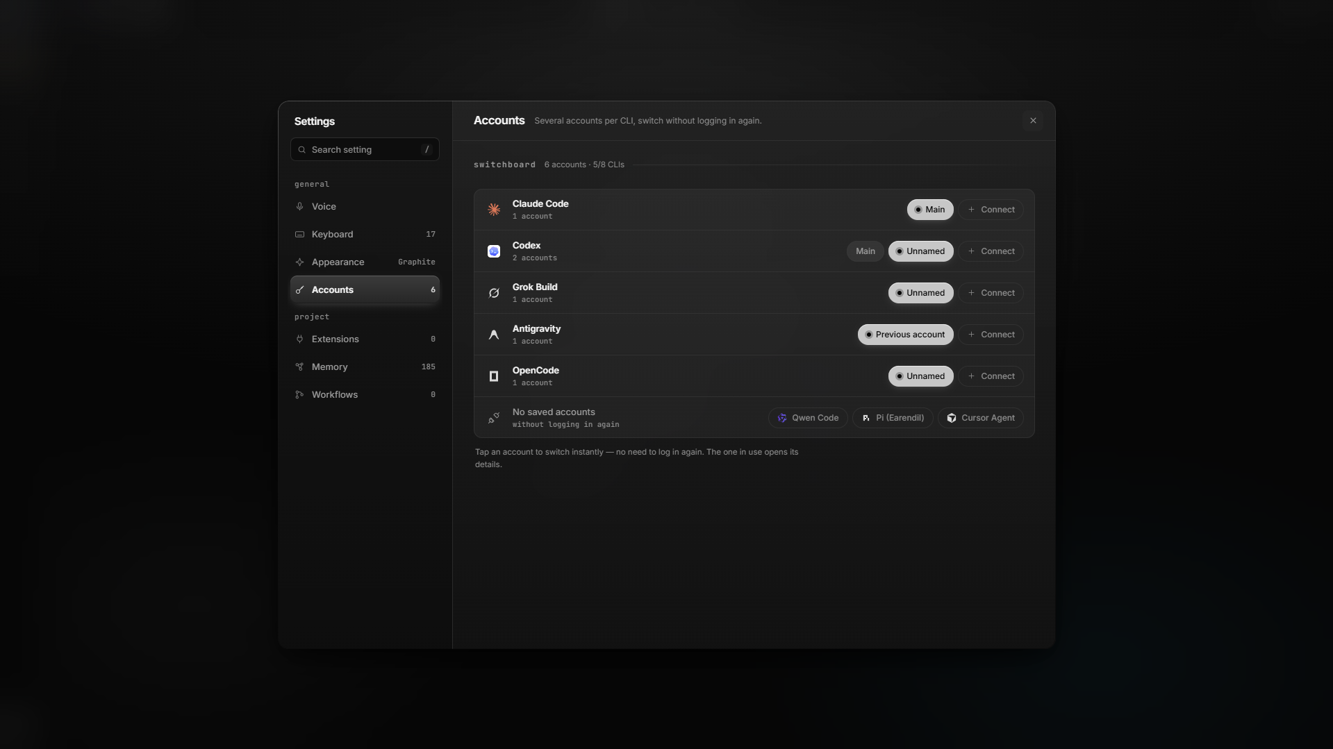 Settings → Accounts — Claude, Codex, Antigravity switchboard