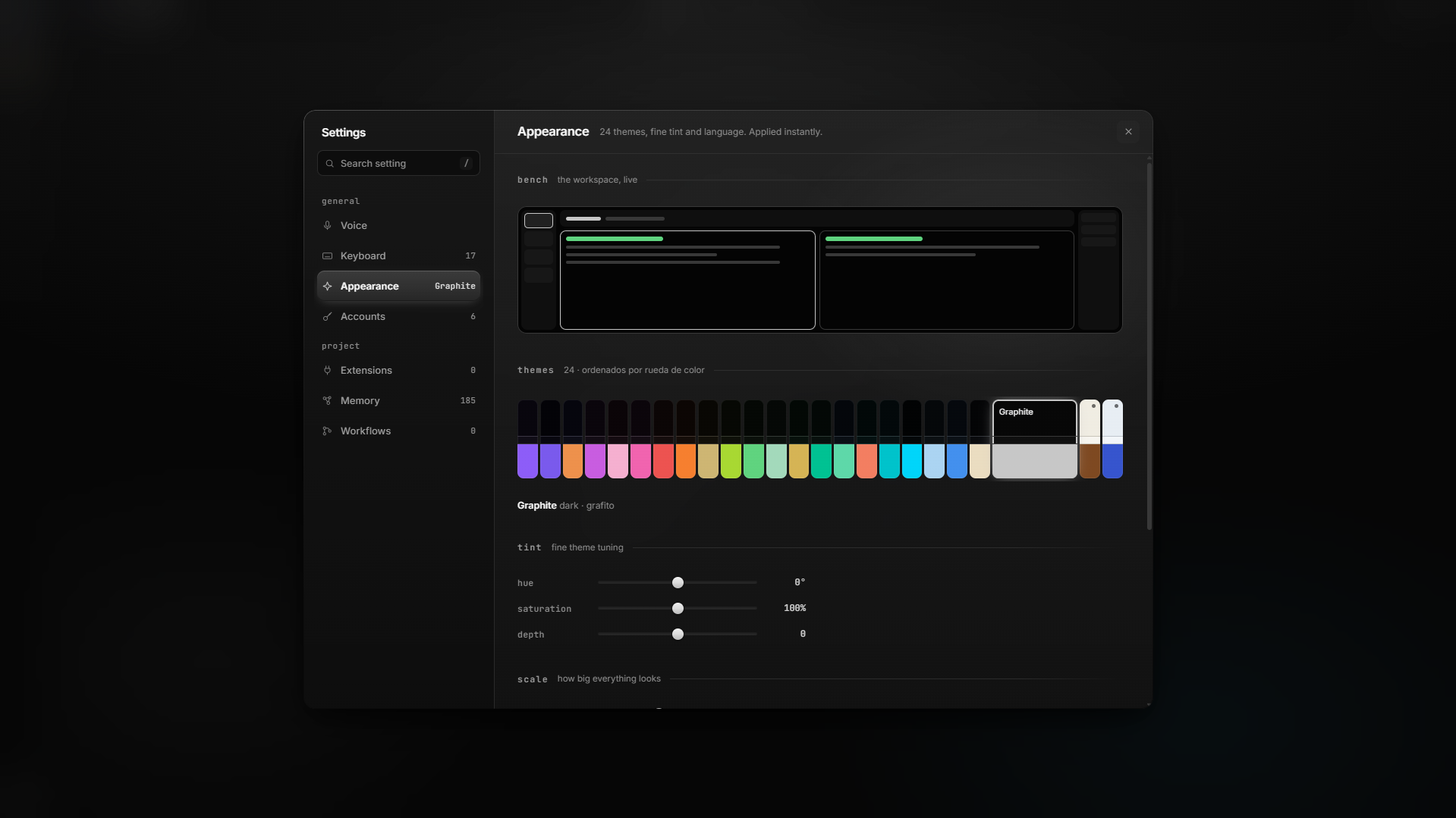 Settings → Appearance — 24 themes, tint, scale