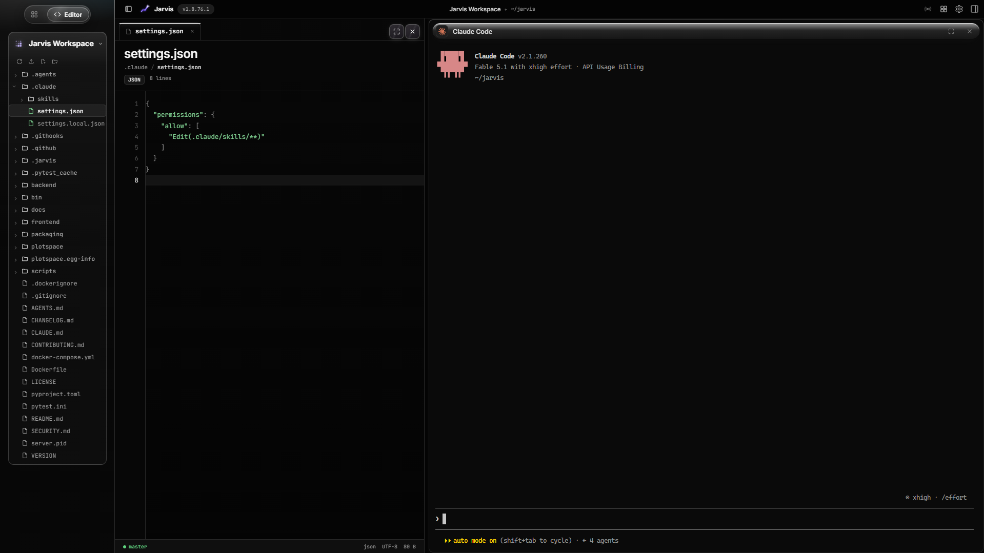 Editor — file tree, settings.json, and a Claude Code terminal in the same workspace