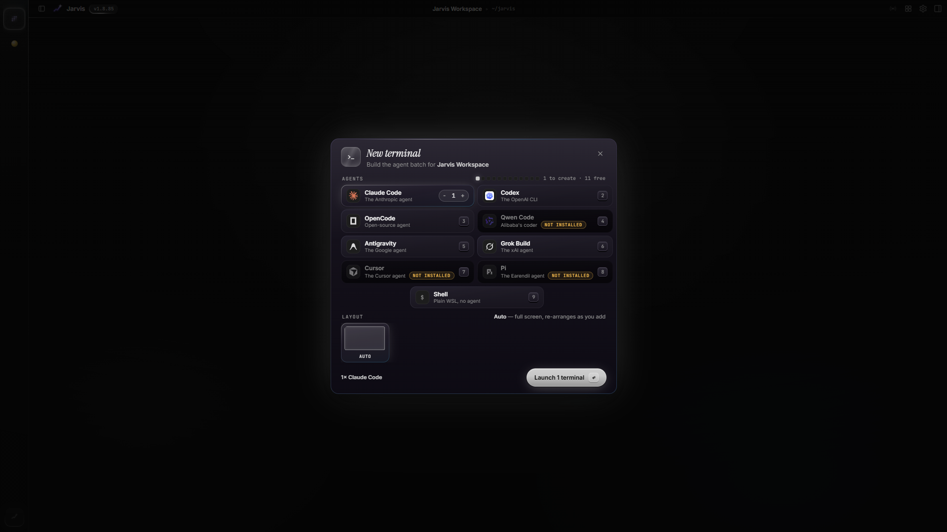 New terminal — pick Claude, Codex, Grok, Cursor or Pi; not-installed chips, layout, launch