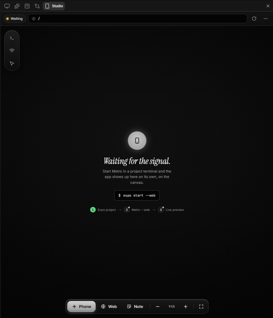 Mobile Studio — empty canvas waiting for the signal, with the 3-step guide: Expo project, Metro --web, live preview