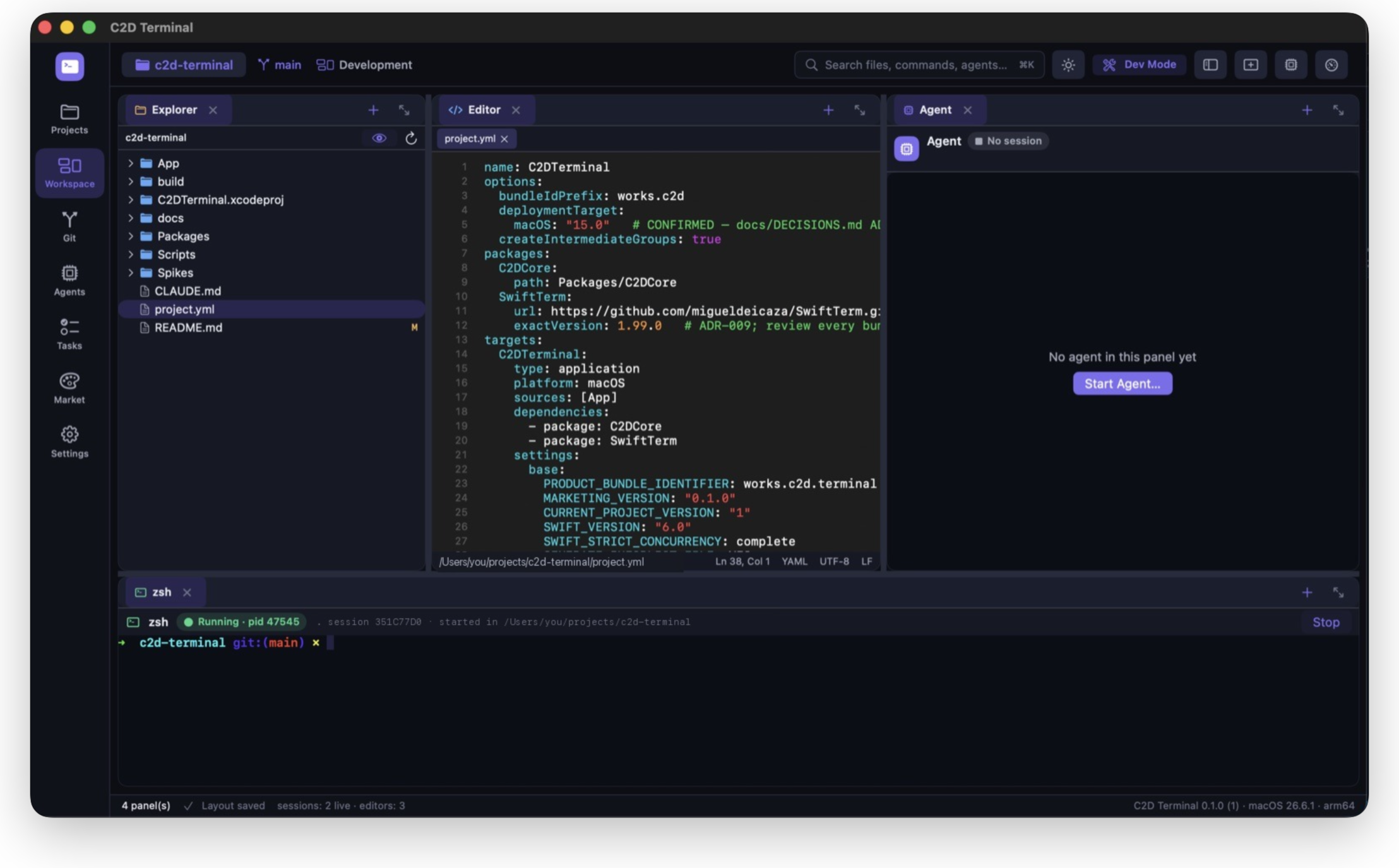 The C2D Terminal workspace: file explorer, an editor with project.yml open, an agent panel and a live zsh terminal