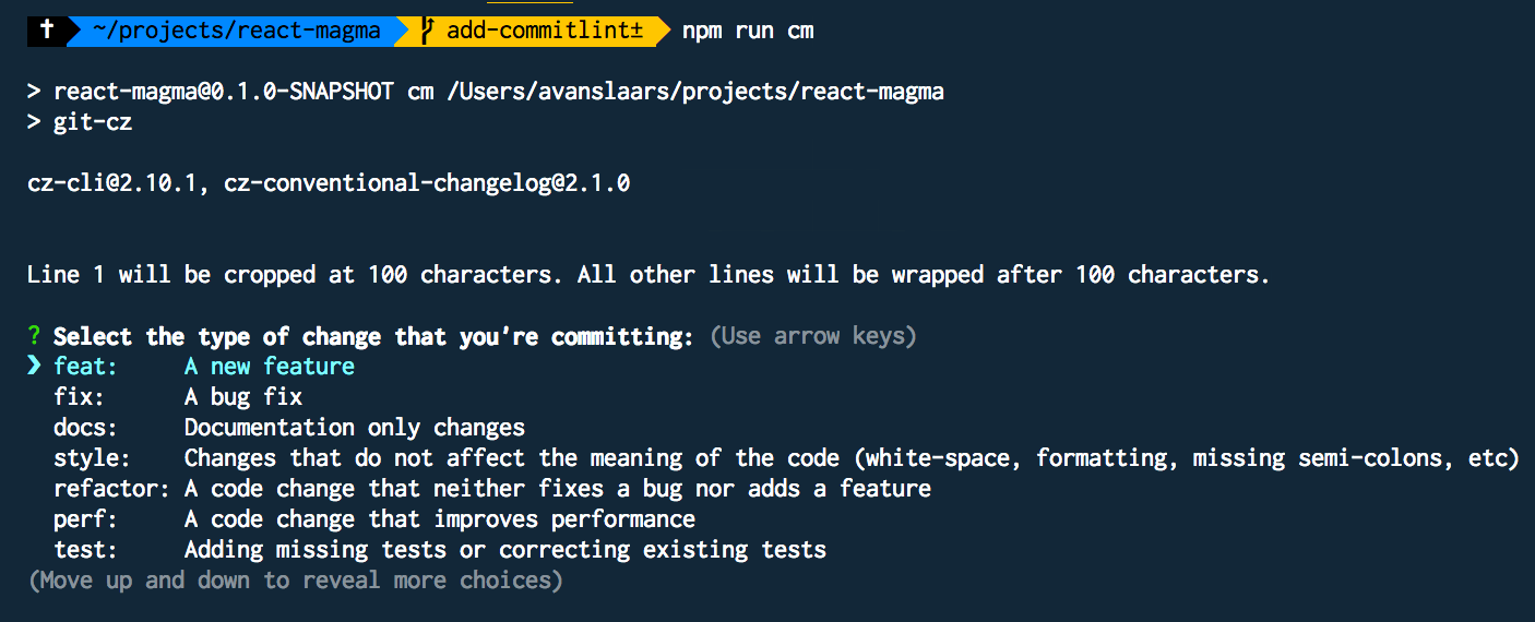 running npm run cm shows the topic selector screen for commitizen