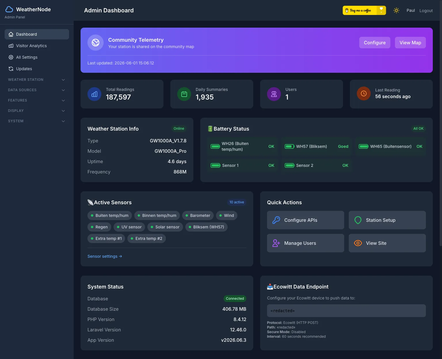 WeatherNode admin dashboard with live ingest statistics, station info, battery and sensor status