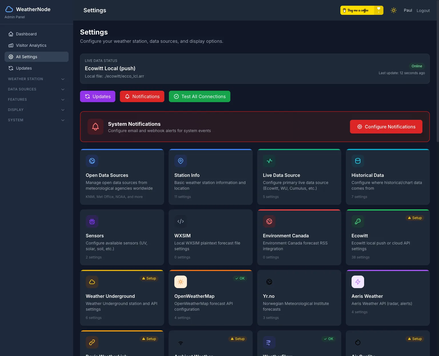 WeatherNode admin settings showing dozens of configurable data sources and integrations