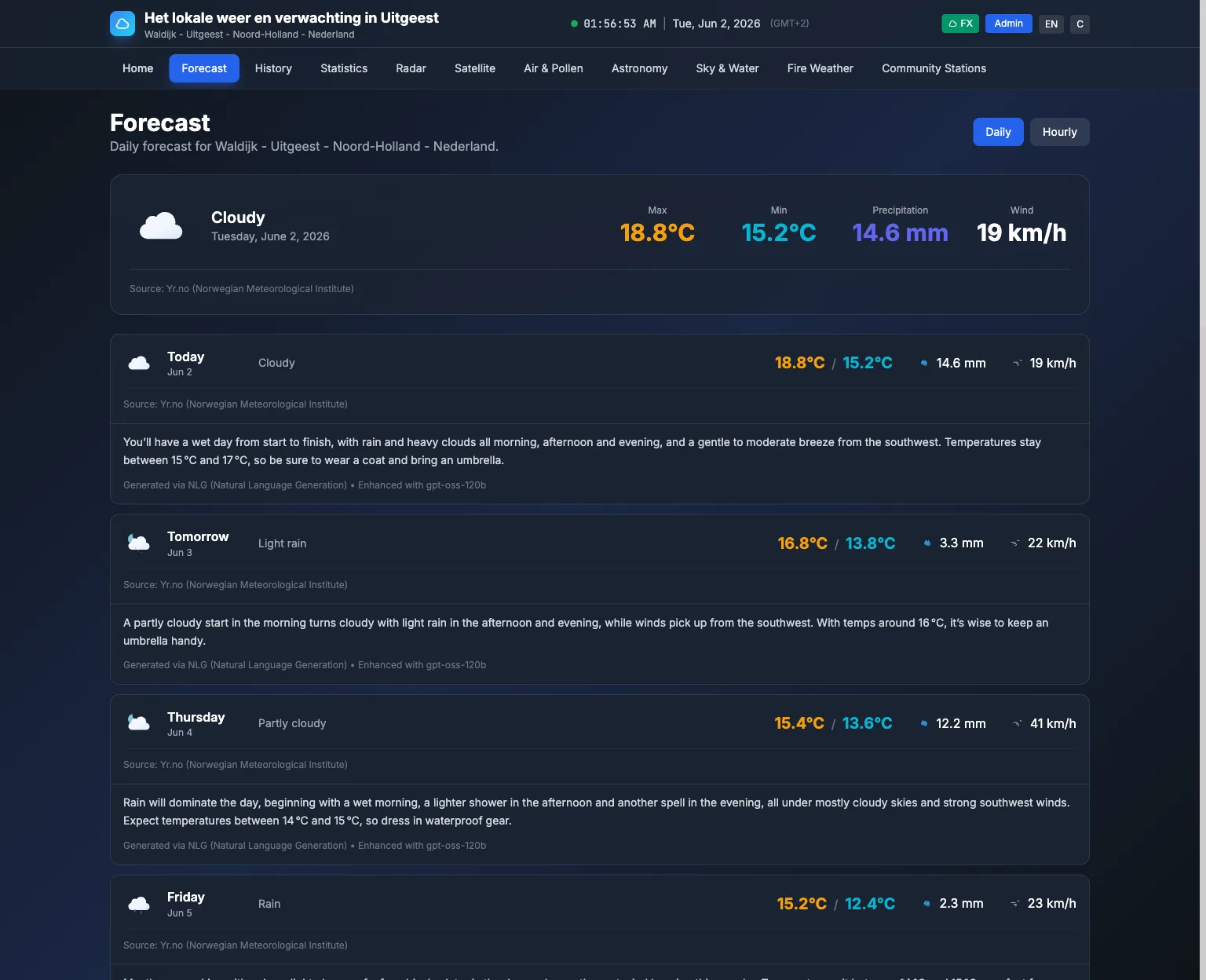 Forecast page with daily and hourly outlook
