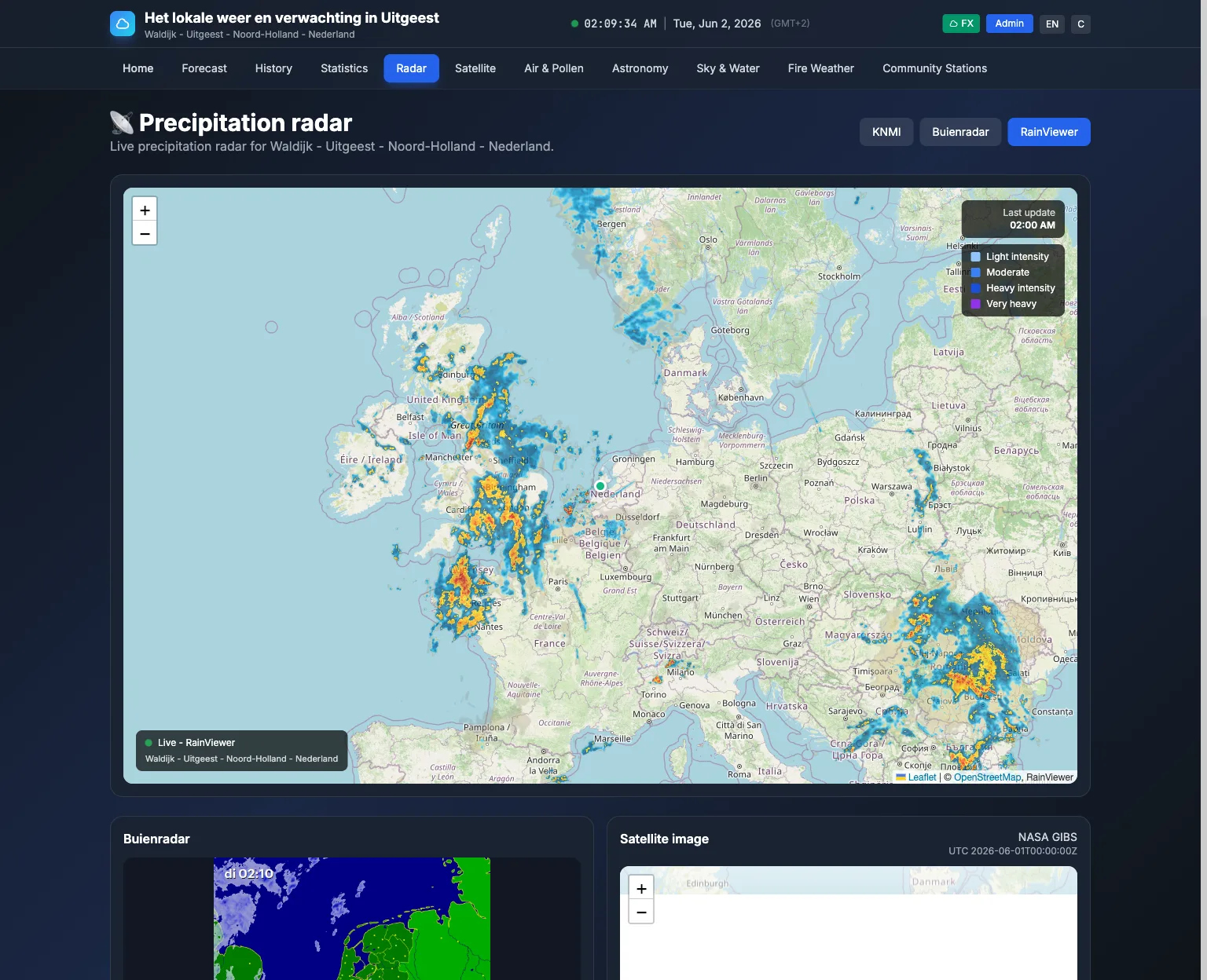 Precipitation radar centred on the station location