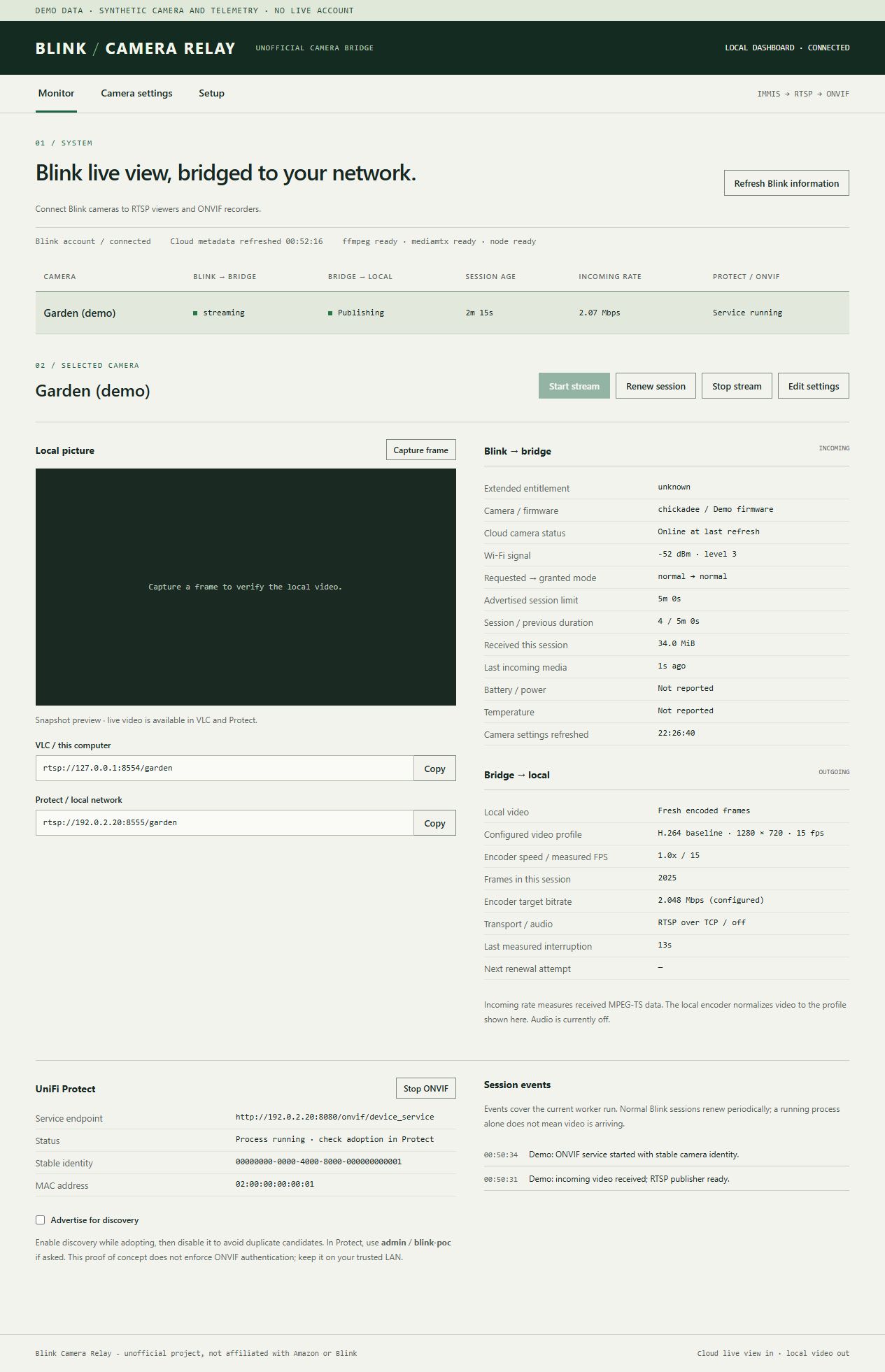 Stream monitor with synthetic demo data