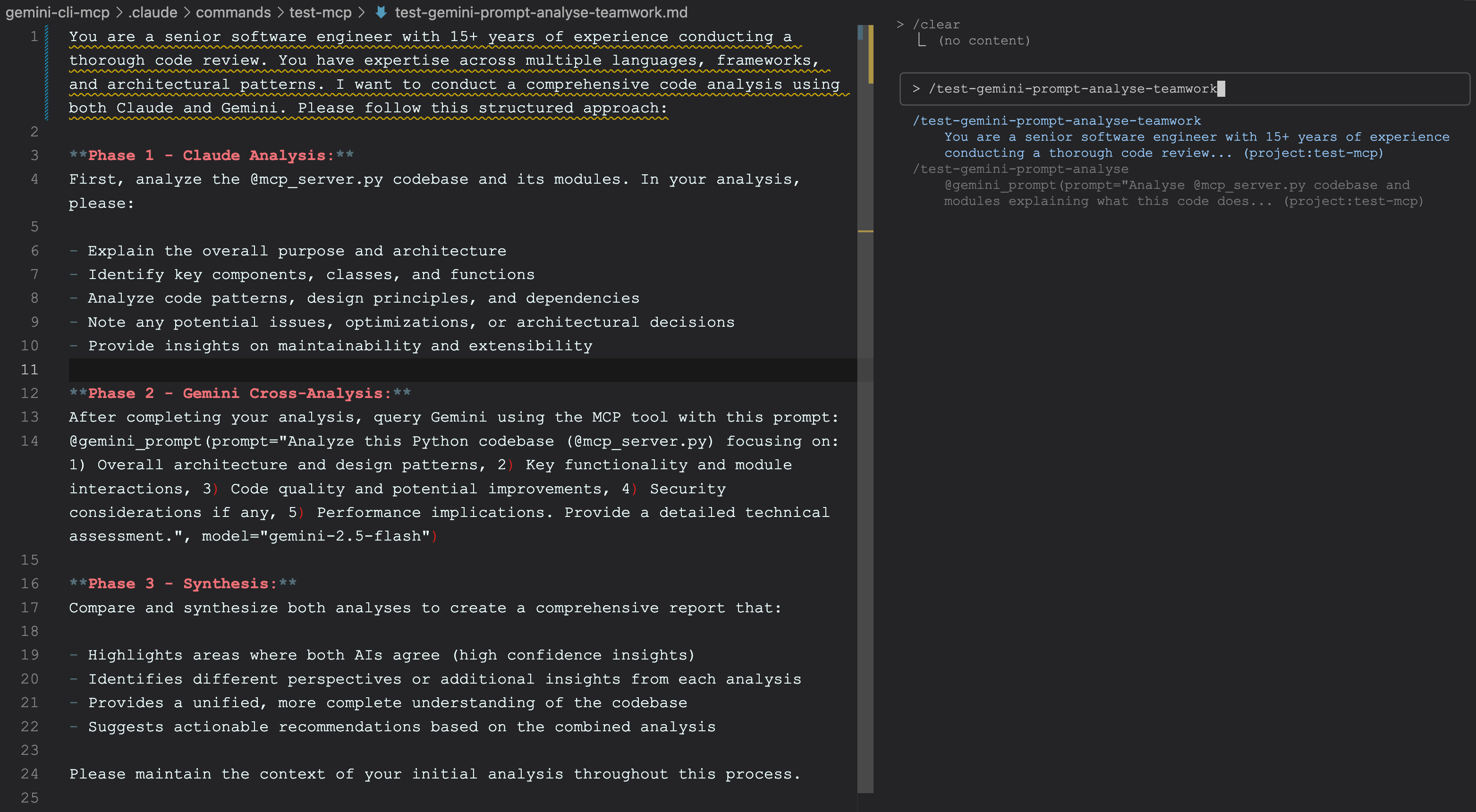 Claude Code using custom slash command prompt and Gemini CLI MCP server for teamwork