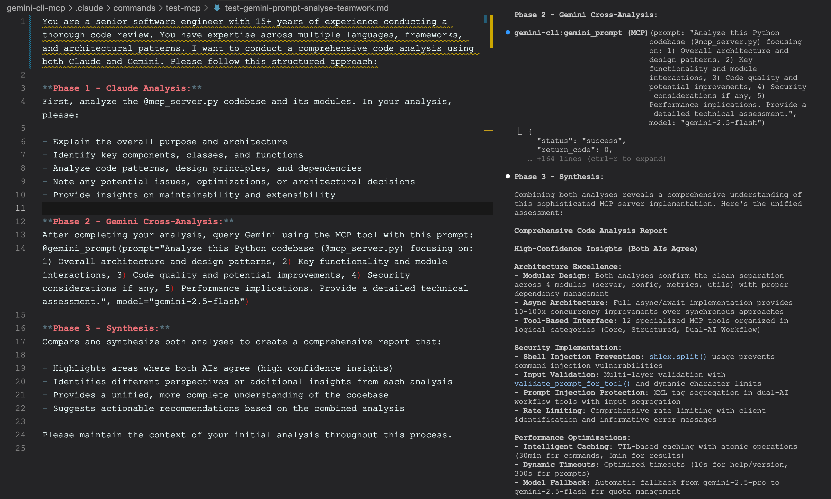 Claude Code using custom slash command prompt and Gemini CLI MCP server for teamwork