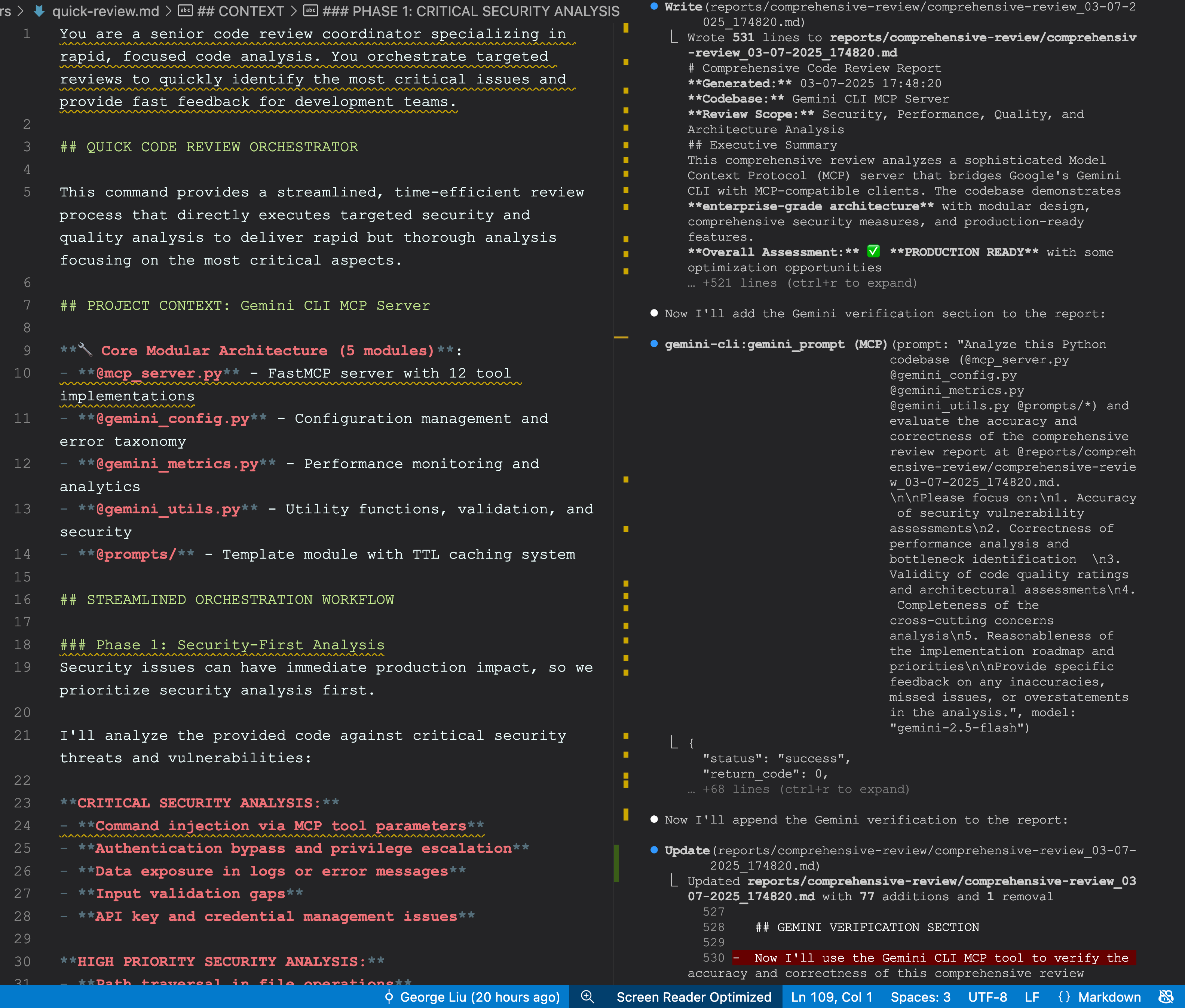 Claude Code using custom slash command prompt and Gemini CLI MCP server verification