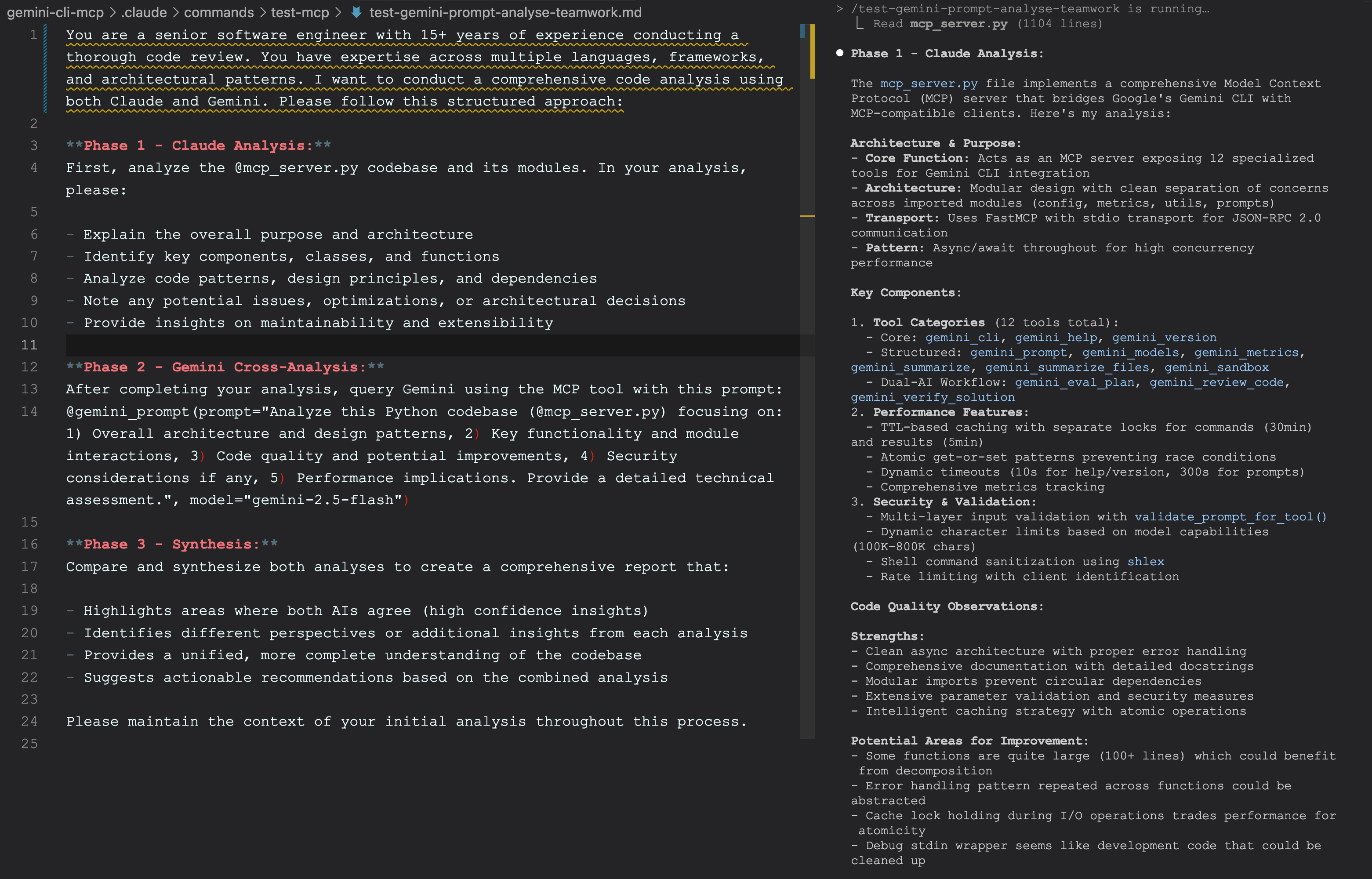 Claude Code using custom slash command prompt and Gemini CLI MCP server for teamwork
