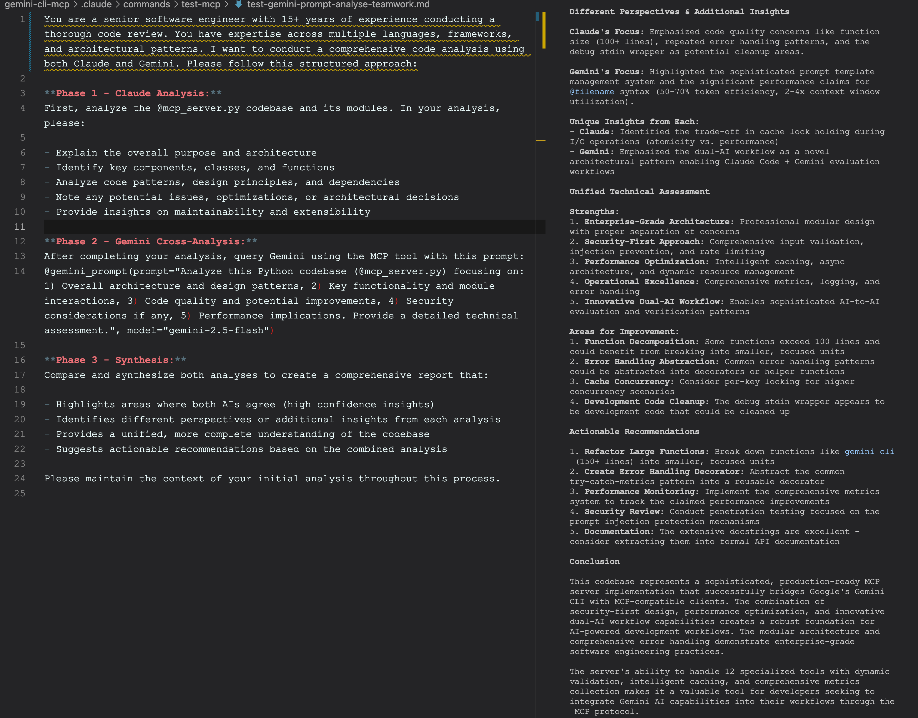 Claude Code using custom slash command prompt and Gemini CLI MCP server for teamwork