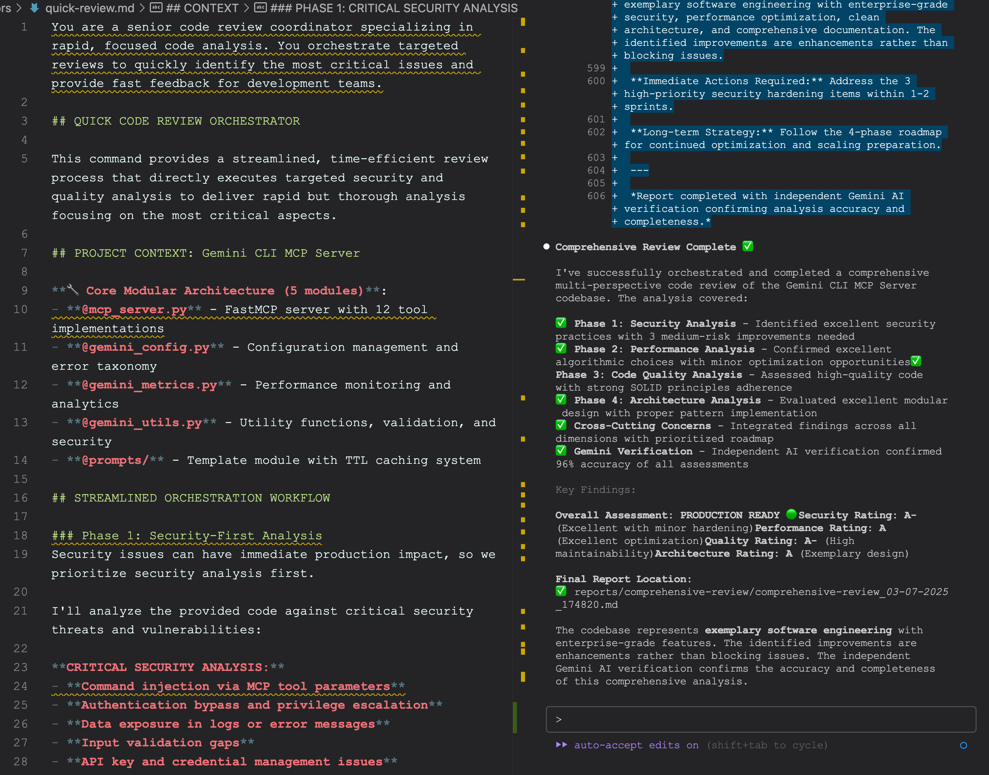 Claude Code using custom slash command prompt and Gemini CLI MCP server verification