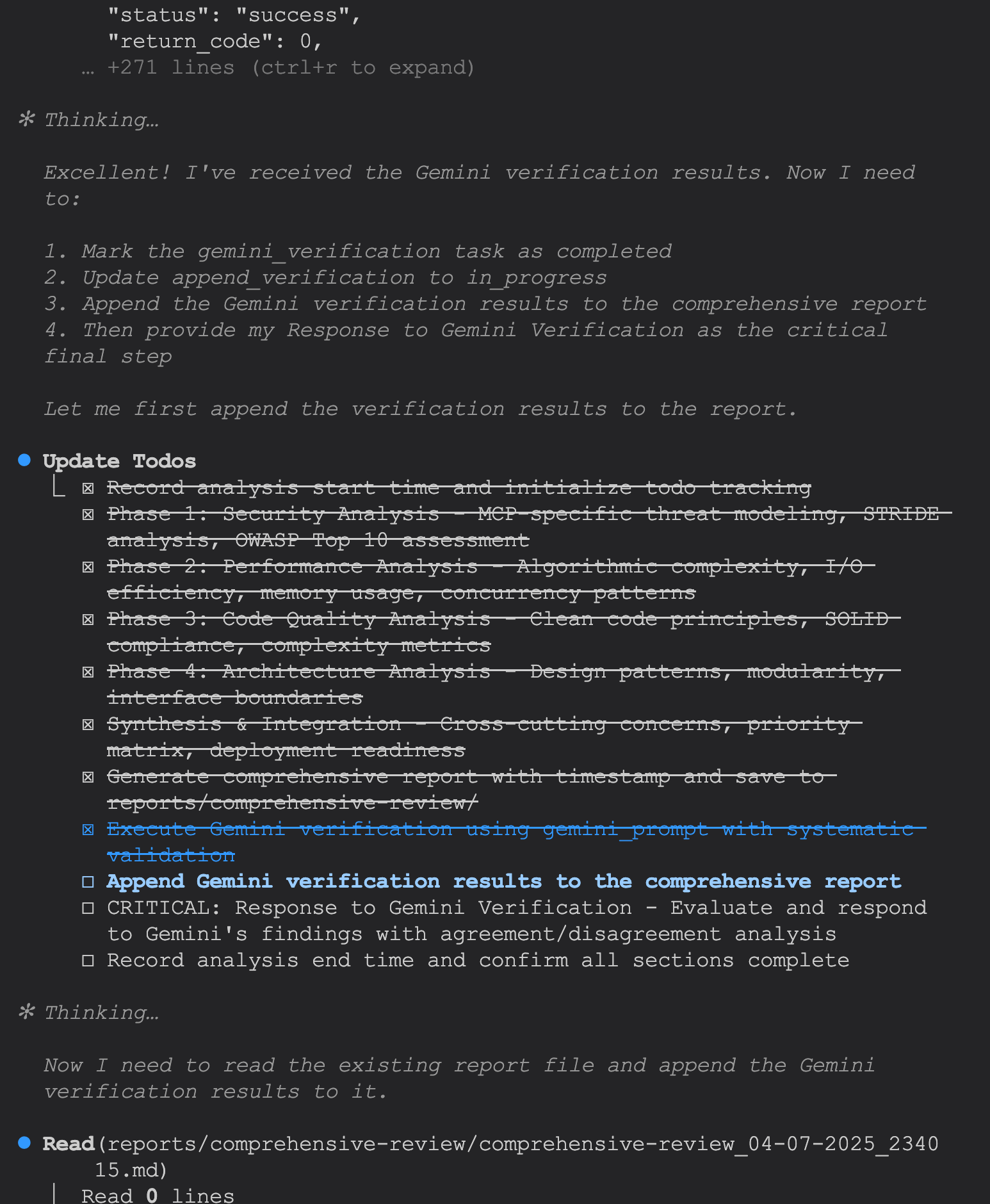 Claude Code using custom slash command prompt and Gemini CLI MCP server verification