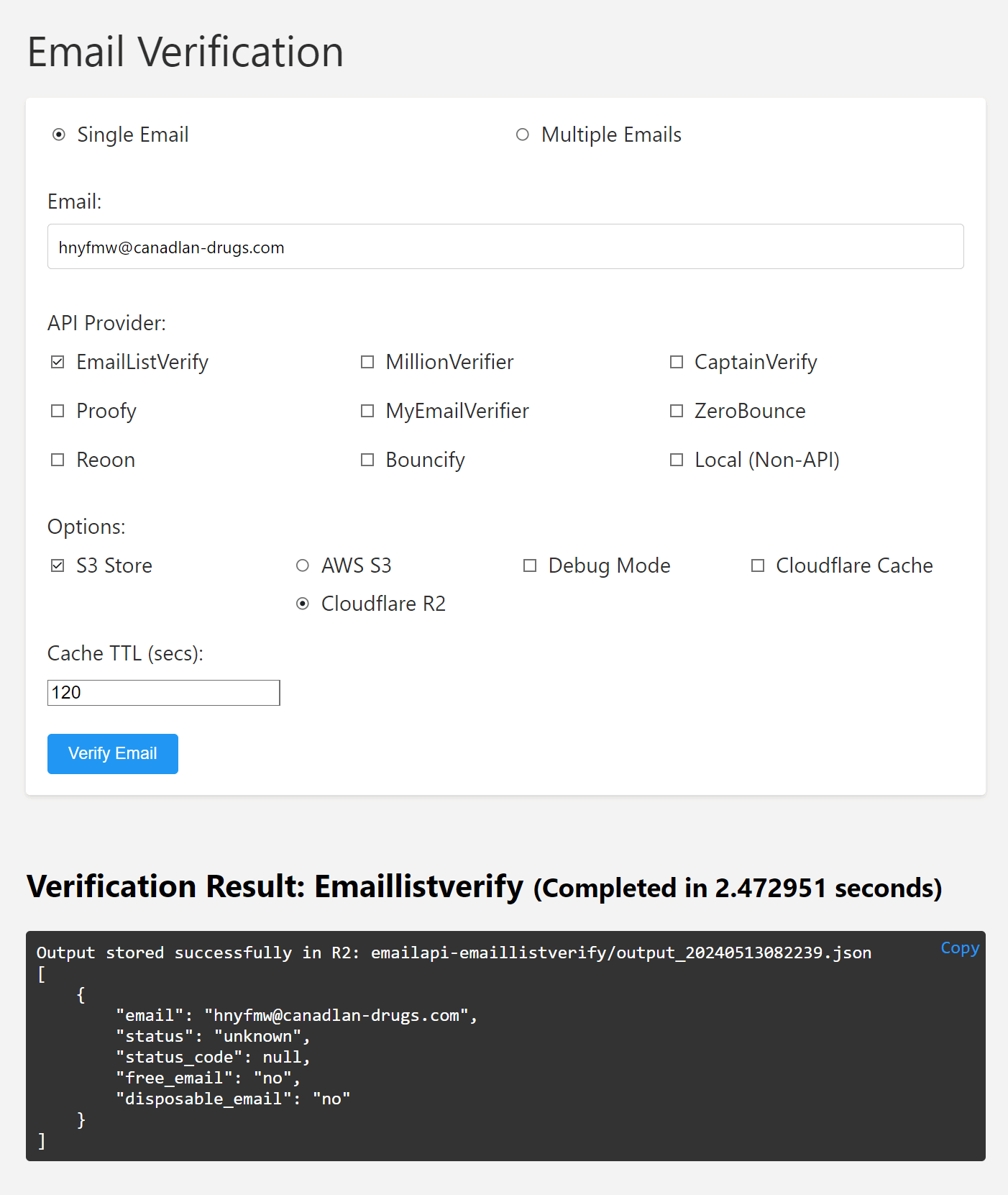 Email verification PHP Wrapper script with Cloudflare Cache & S3 storage support