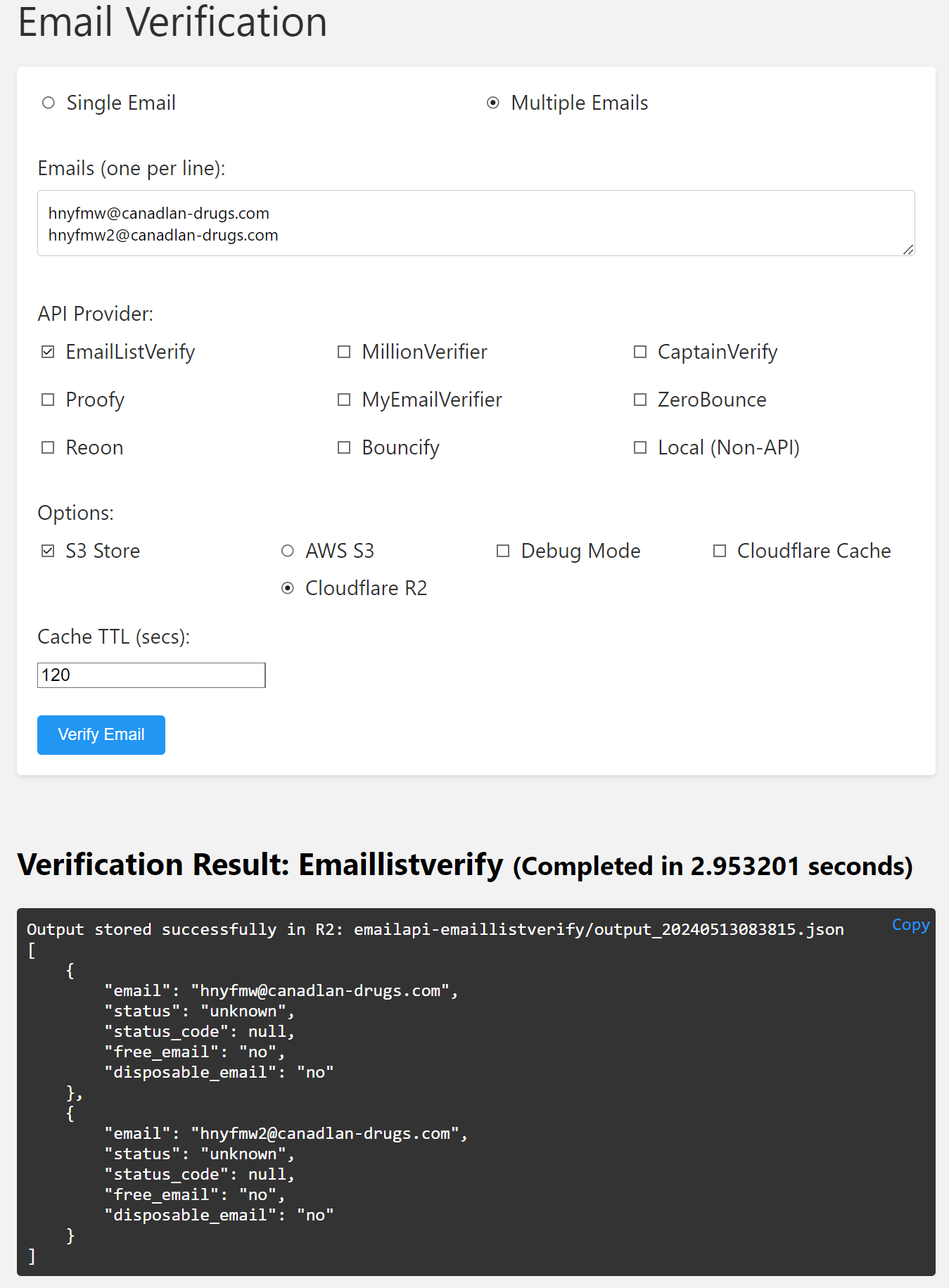 Email verification PHP Wrapper script with Cloudflare Cache & S3 storage support