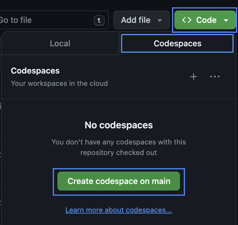 The required buttons for launching a Codespace