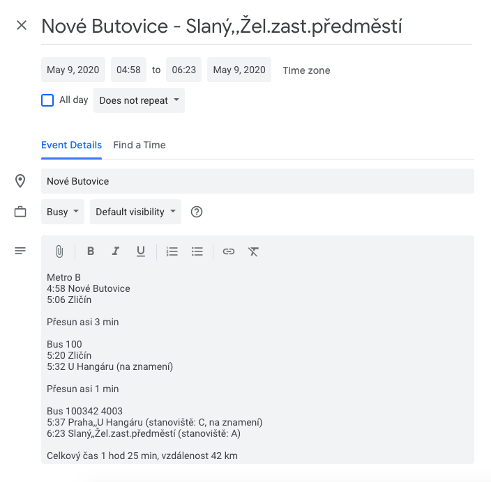 Ukázka události v Google kalendáři