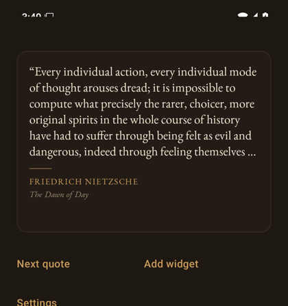 The app showing a quote by Osamu Dazai from No Longer Human, with buttons for the next quote, for adding the widget, and for the settings