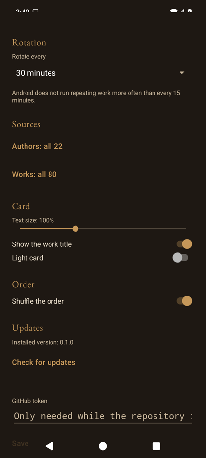 The settings page: rotation, sources, card, order, and updates