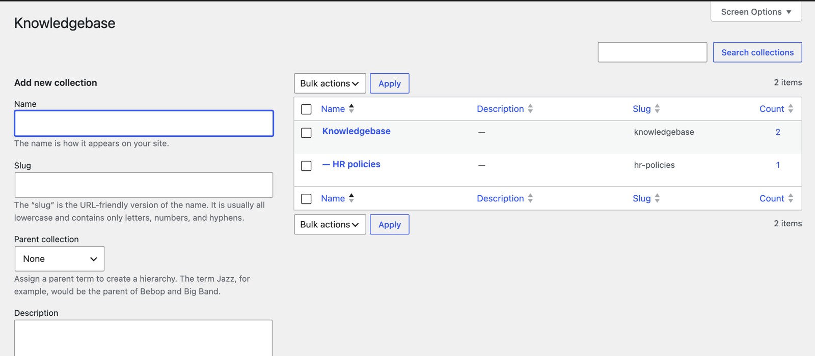 The Knowledgebase collections screen