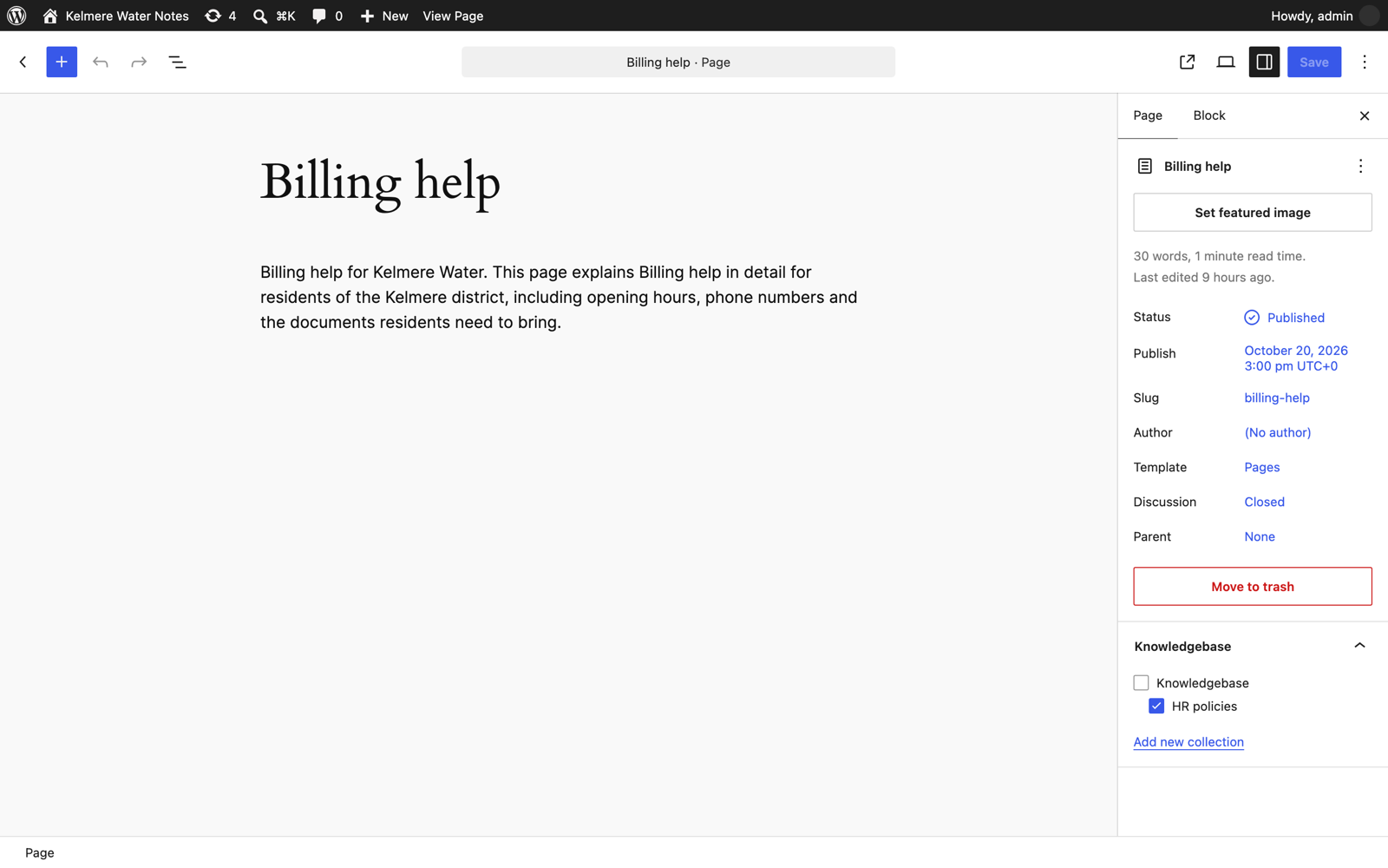 The Knowledgebase panel in the block editor, with the HR policies collection ticked