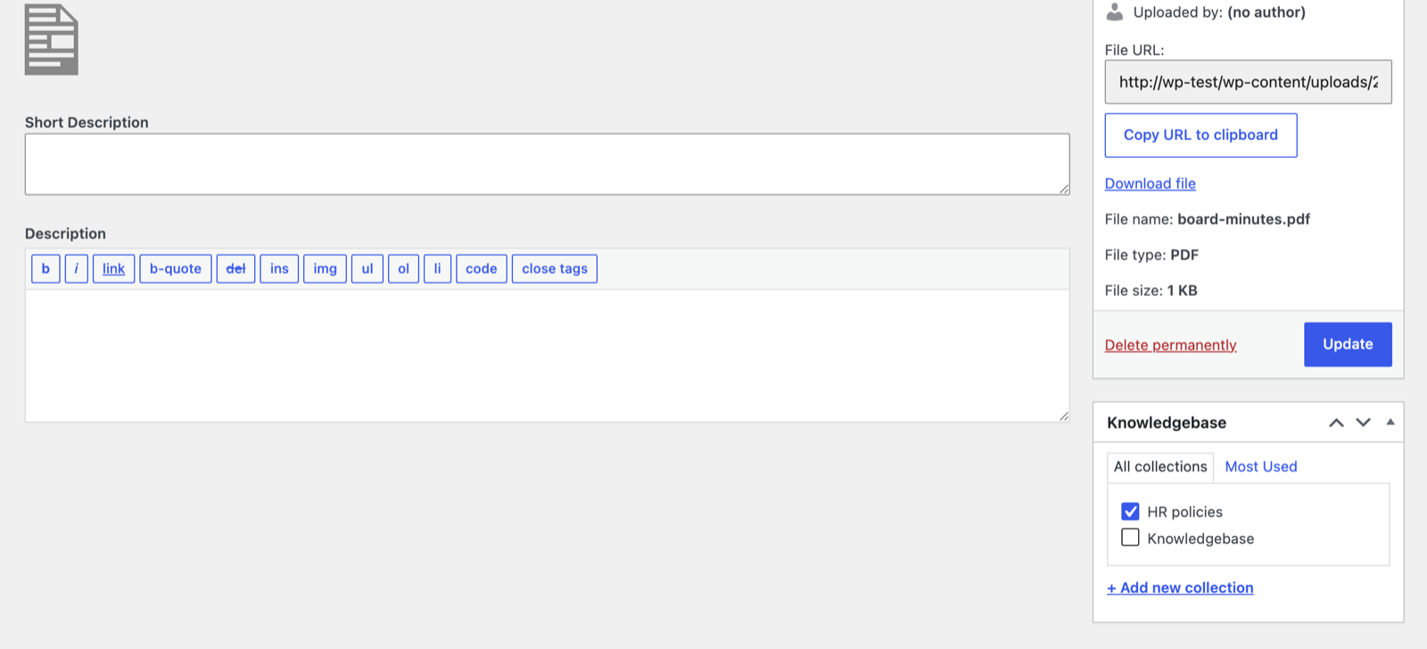 The Knowledgebase box on a PDF's edit screen