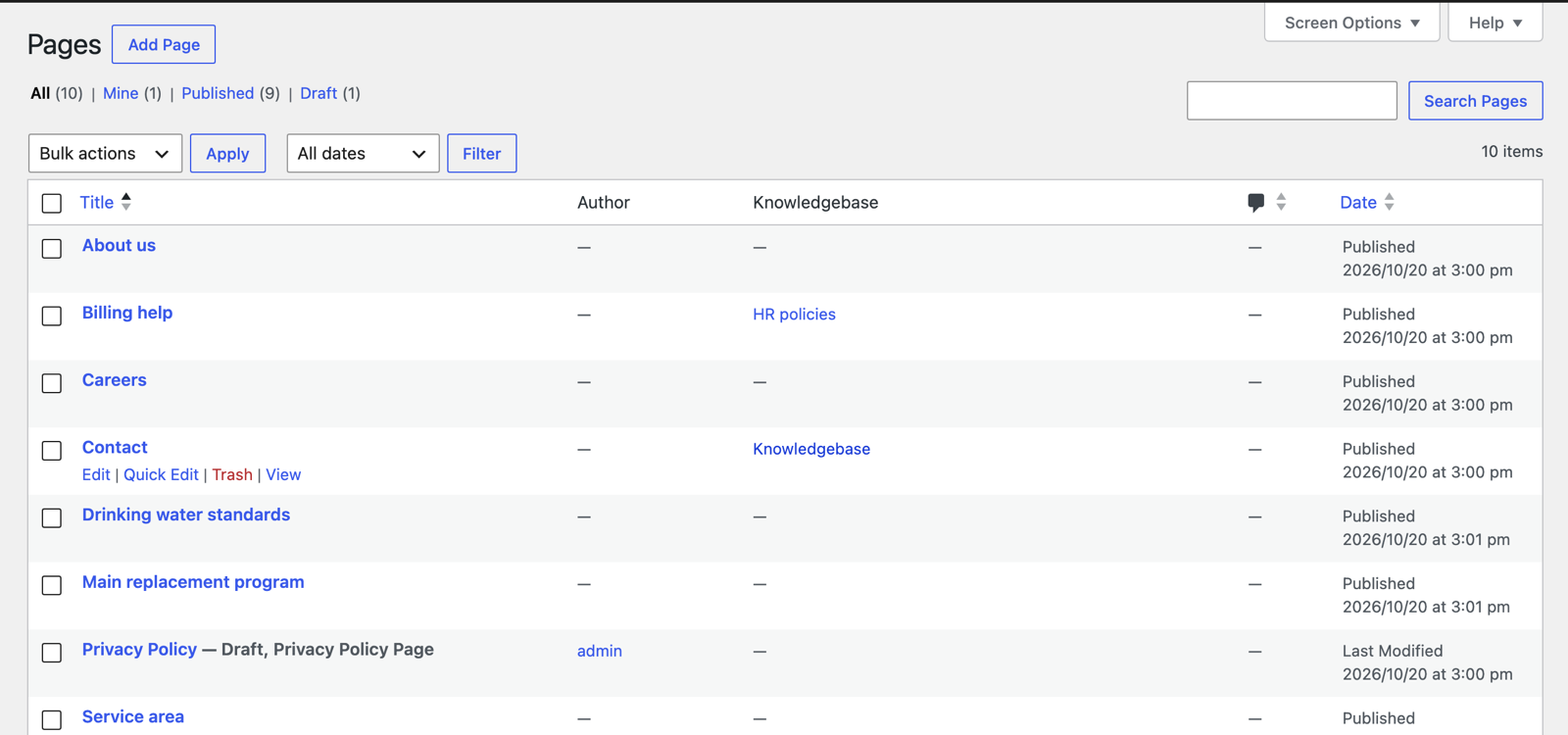 The Knowledgebase column in the Pages list
