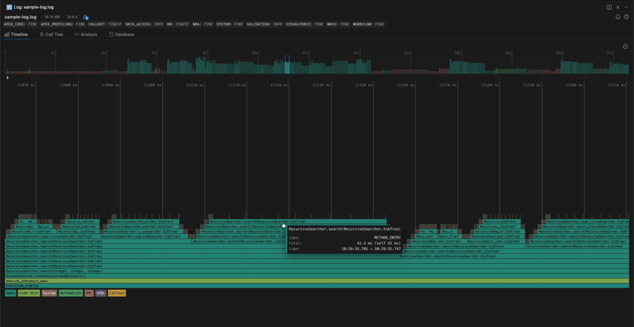 Jumping from a Timeline frame to the matching line in the raw .log file.