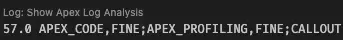 Screenshot showing the Log: Show Apex Log Analysis code lense in a log file