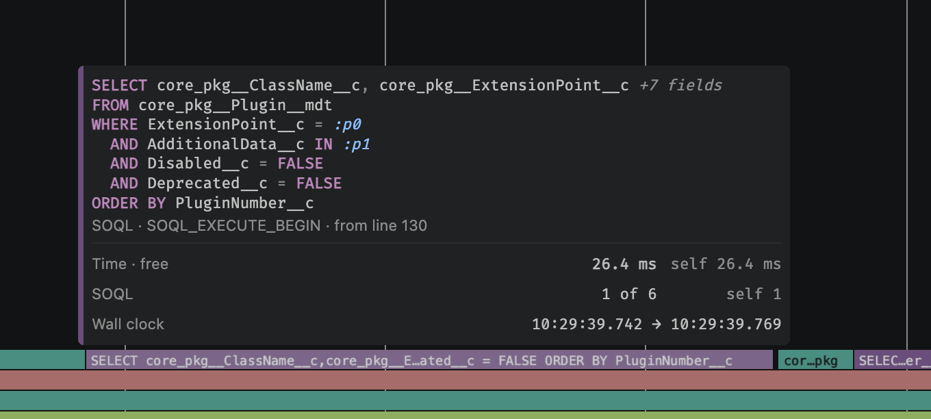 Tooltip showing detailed event information including event name, description, timestamps, duration, and row counts