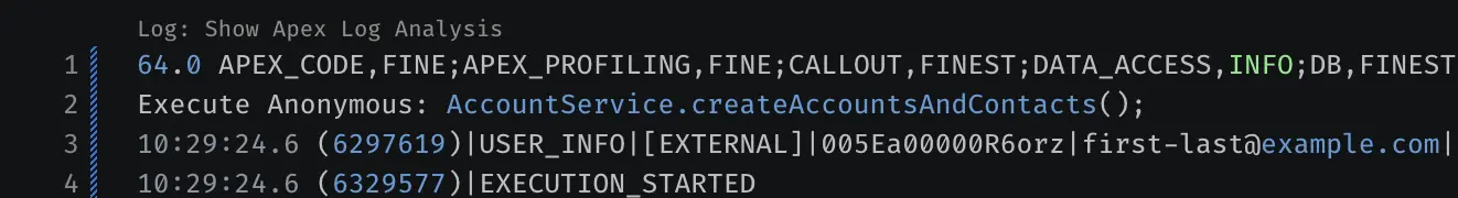 Screenshot showing the Log: Show Apex Log Analysis code lense in a log file