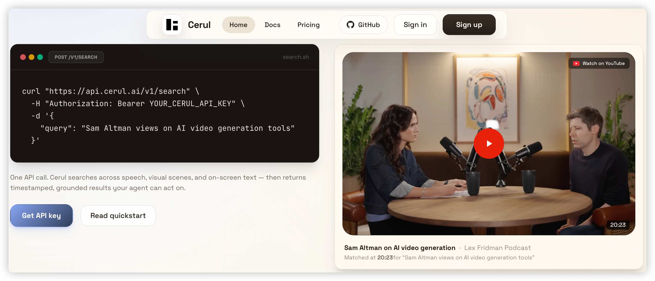 Cerul — Copy, paste, run. Get video results in seconds.
