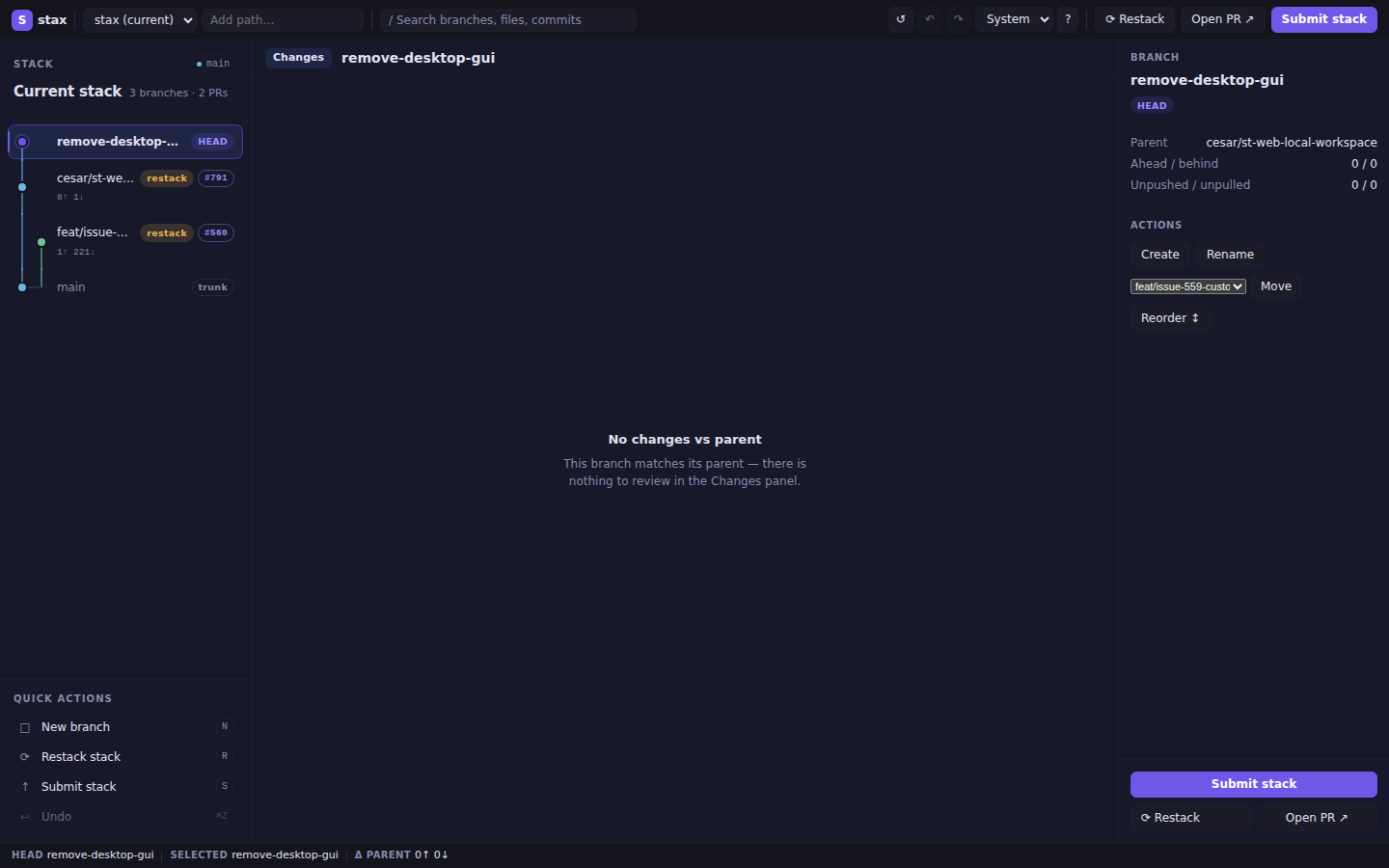 stax web workspace showing a stacked branch graph, changes, and branch inspector