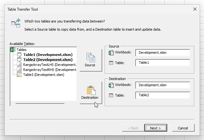 Screenshot of Table Picker dialog