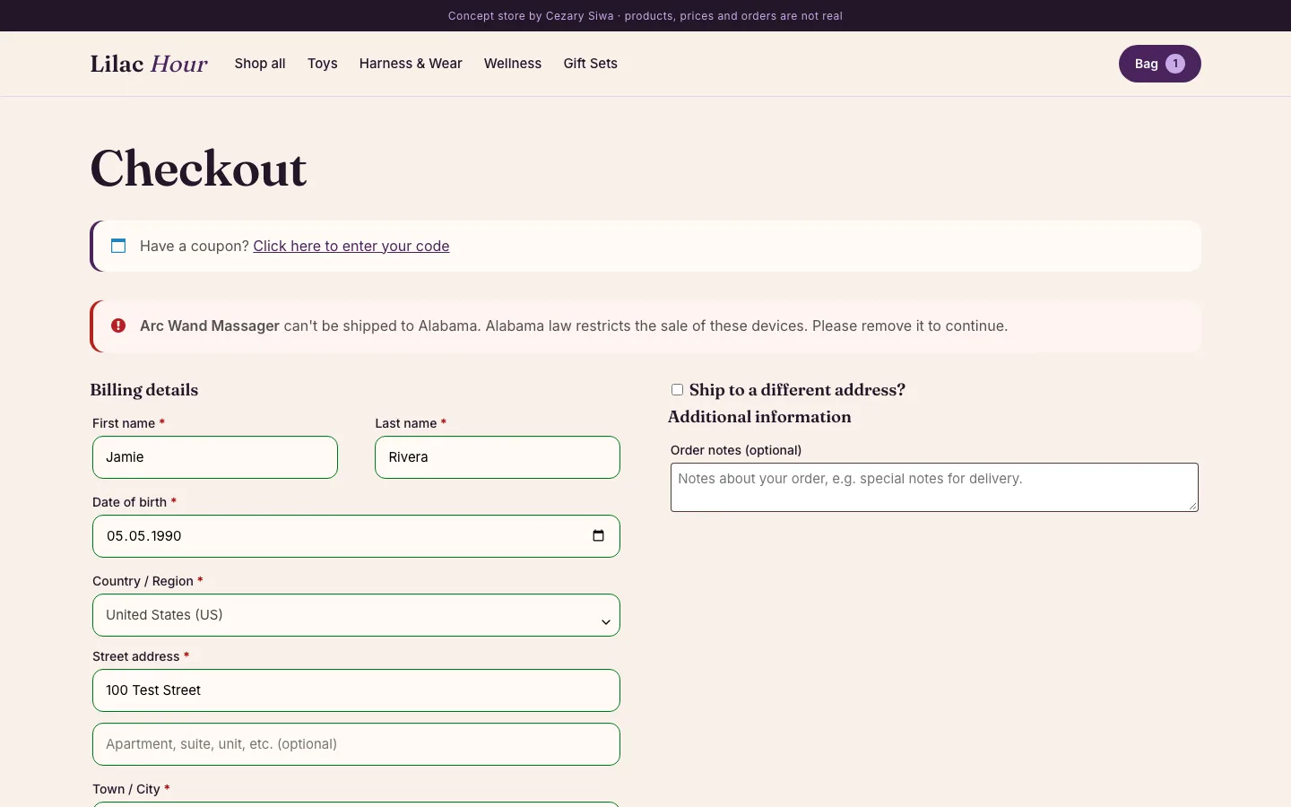 Checkout blocking a product from shipping to Alabama