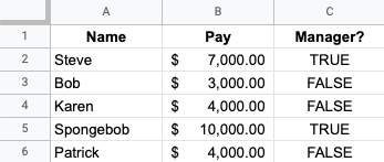 spreadsheet with columns, name, pay, manager