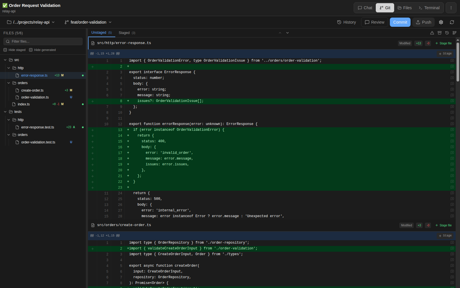 Garcon's dark Git workbench showing a multi-file TypeScript diff, mixed staged state, and line-level staging controls