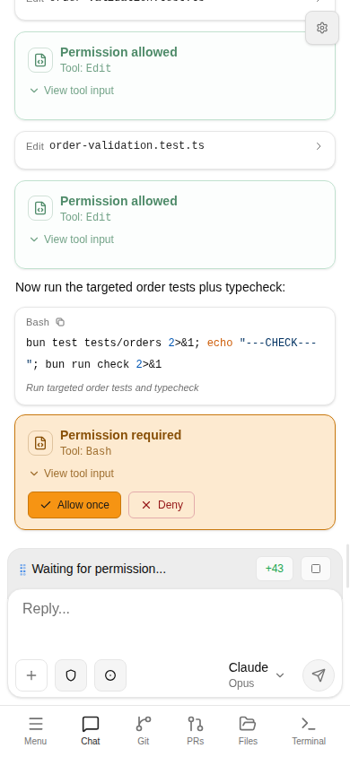 A light mobile Garcon session showing a Claude command permission request with allow and deny actions