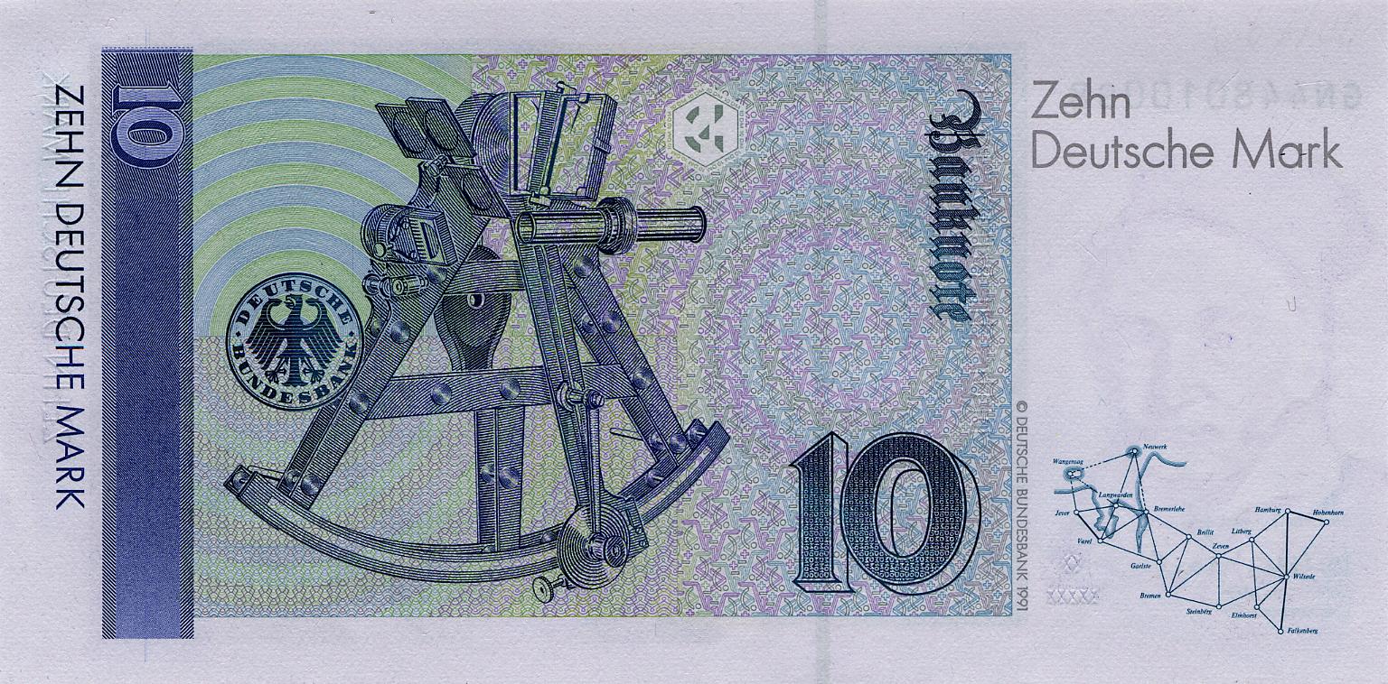 A 10 german mark banknote showing the backside of the banknote, including Gauss' triangulation of the Kingdom of Hannover