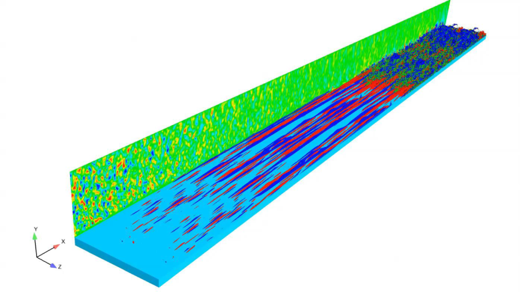 This simulation shows how large turbulent spots develop within the laminar boundary layer which will eventually transition to a fully turbulent boundary layer