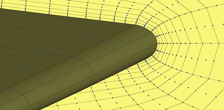 This figure shows a mesh with higher order elements, where additional vertices are inserted on each edge so that these can be used to make elements curve around a curved geometry.