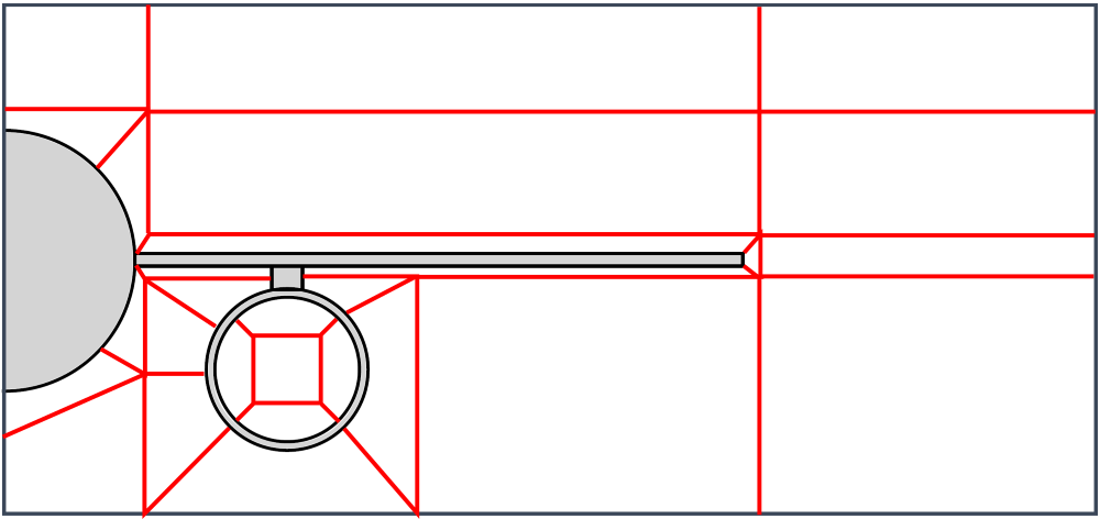 This figure shows an example of a structured mesh blocking strategy in 2D around a cross section of an aircraft with its wing and engine.