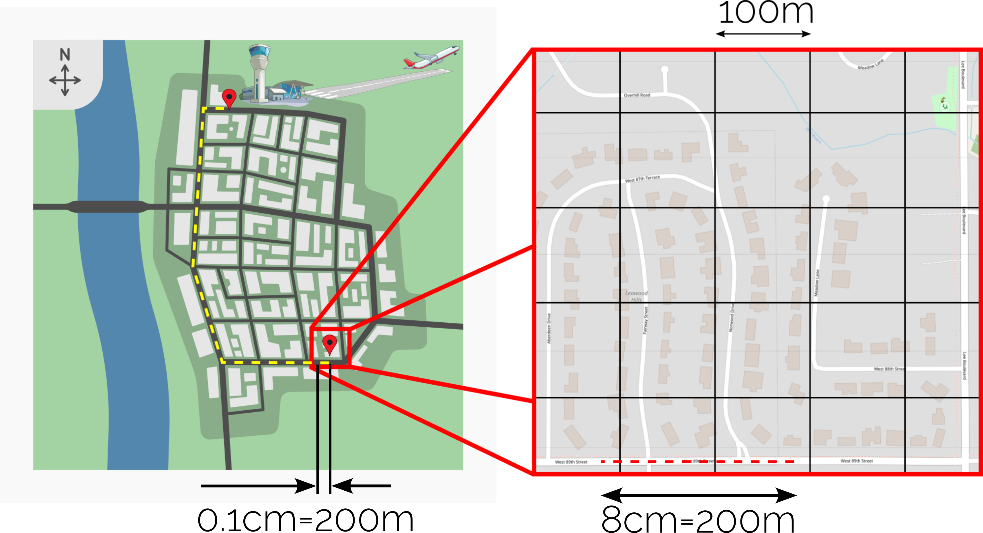 This figure shows two maps in different scales, one with a grid in which we can read off distances, one without.
