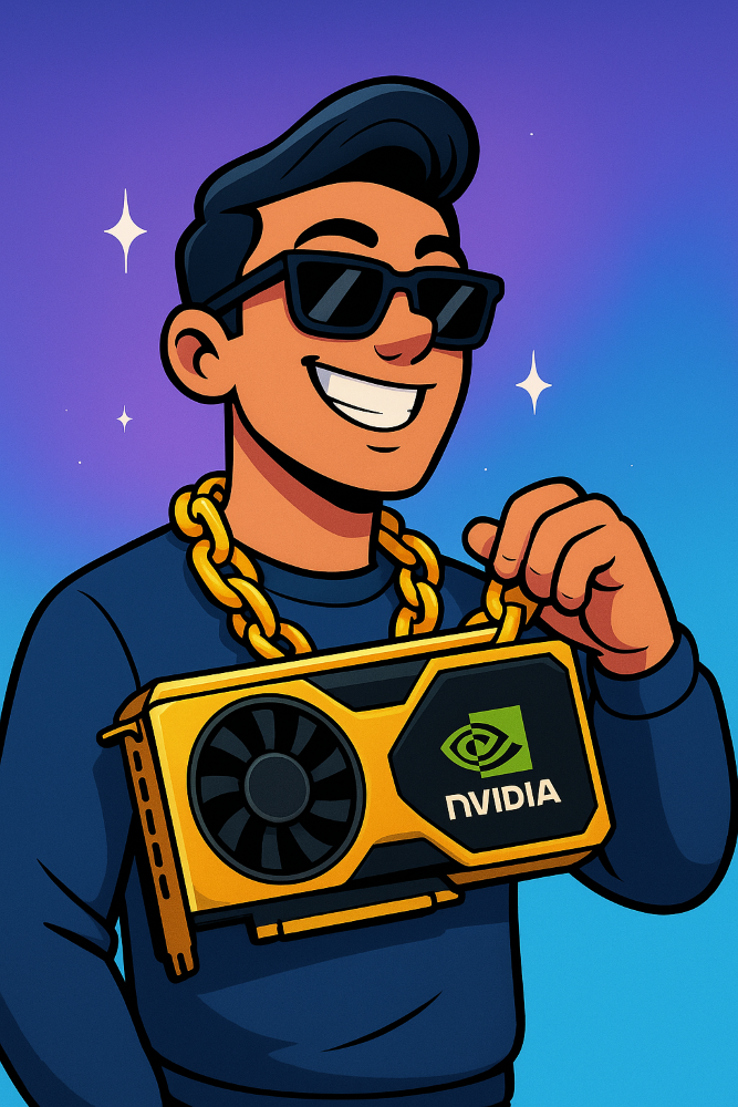 A made-up celebrity scratch wearing a GPU like a necklace. Weird and silly.