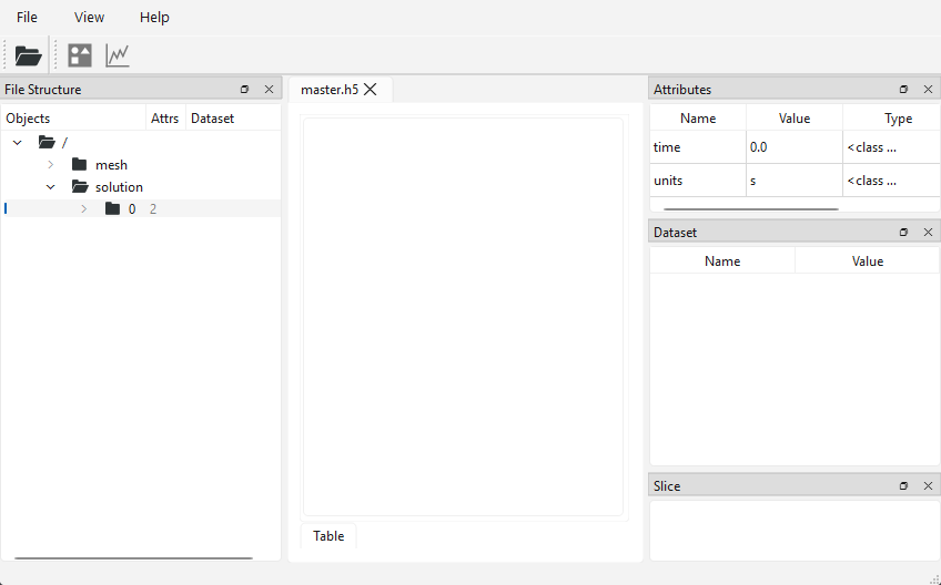 a screenshot of HDF5view, showing the units of the 0 group in the master.h5 file