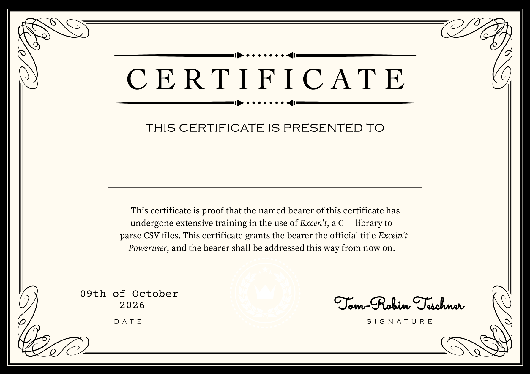 Your Exceln't certificate