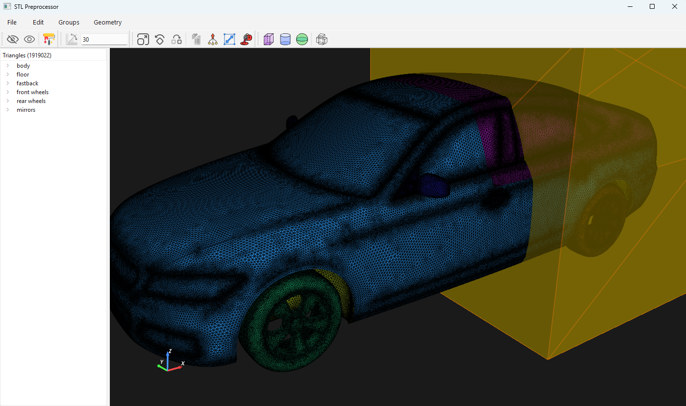 Screenshot of a prototype software that splits triangles into groups, shown here for the DrivAer open-source car geometry, where each component is shown in a different colour
